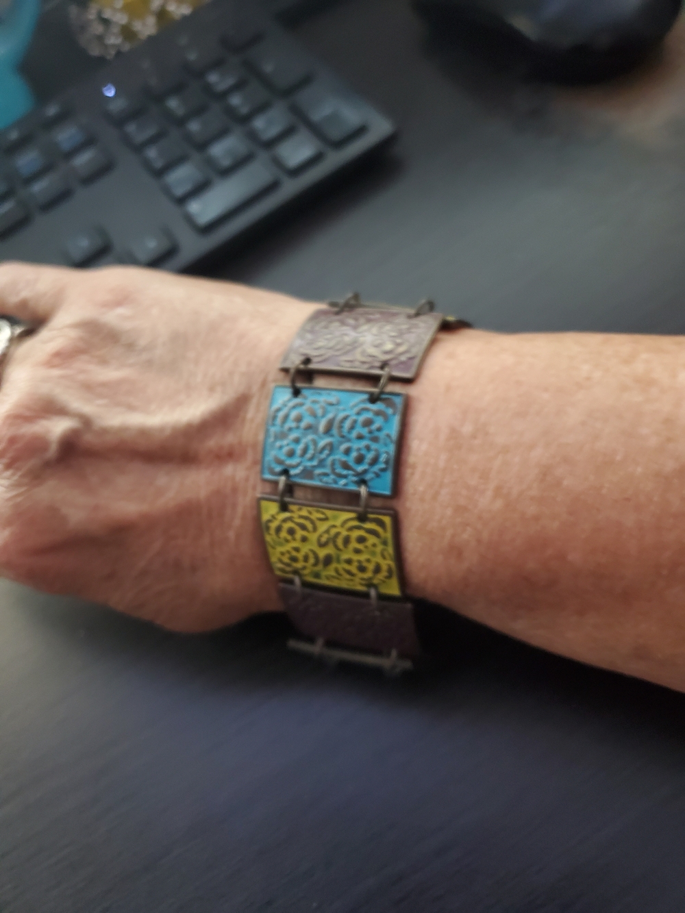 Floral Panel Link Bracelet in Blue and Yellow